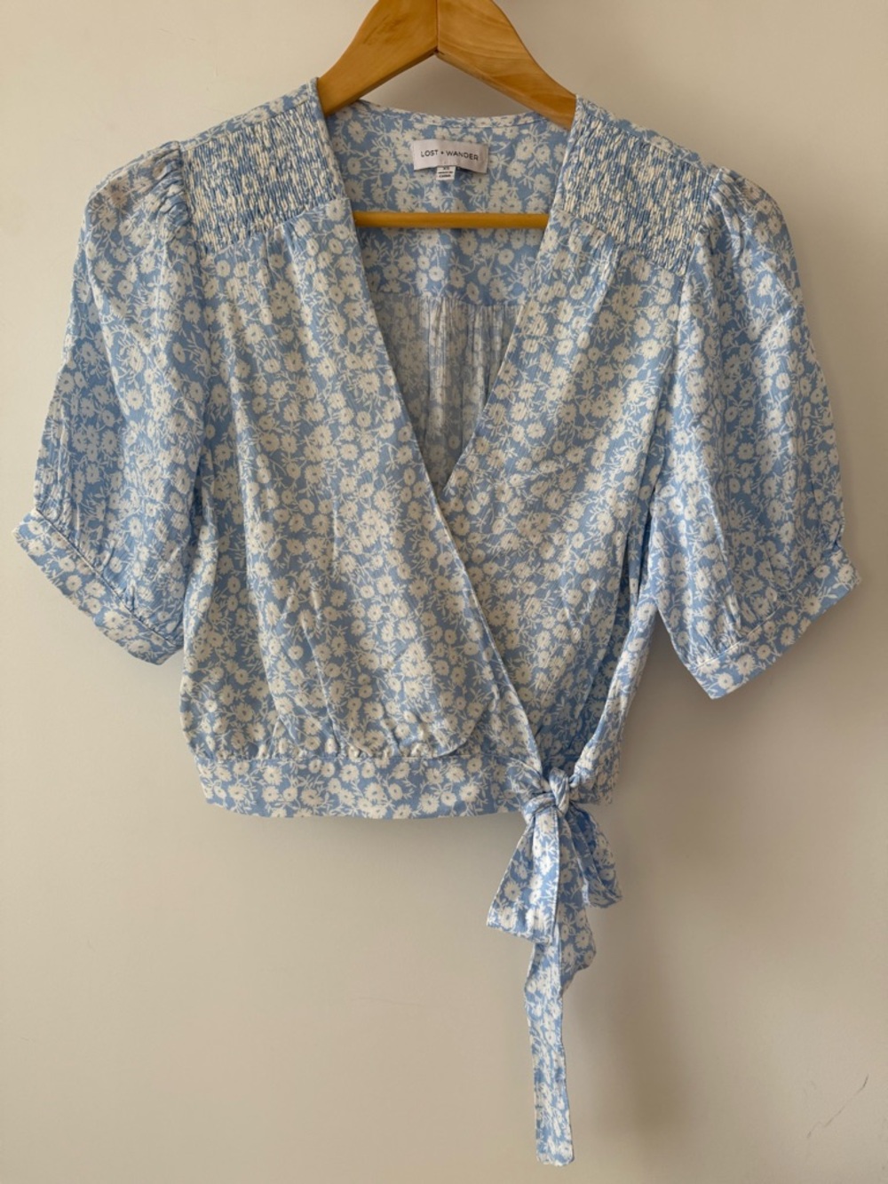 Light Blue Floral Wrap Top